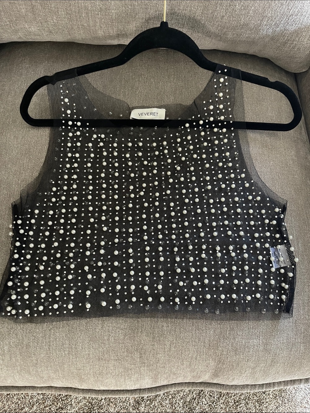VEVERET Black Pearl-Embellished Sheer Crop Camisole